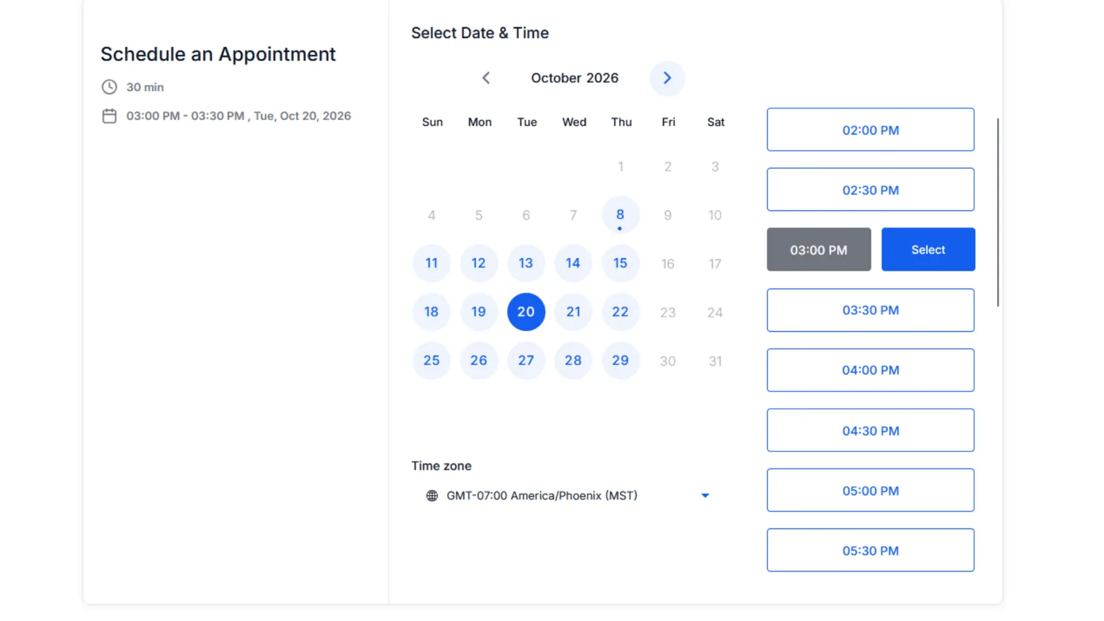 A booking page with a month calendar and a list of available time slots.