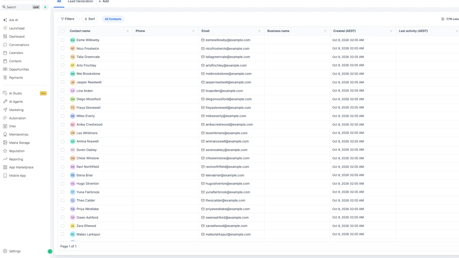 A CRM contacts table listing leads with name, email, and creation date.